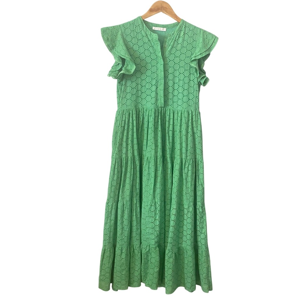 Karlie Green Eyelet Midi Cottagecore Dress Ruffle Sleeve Tiered Cotton Sz Small